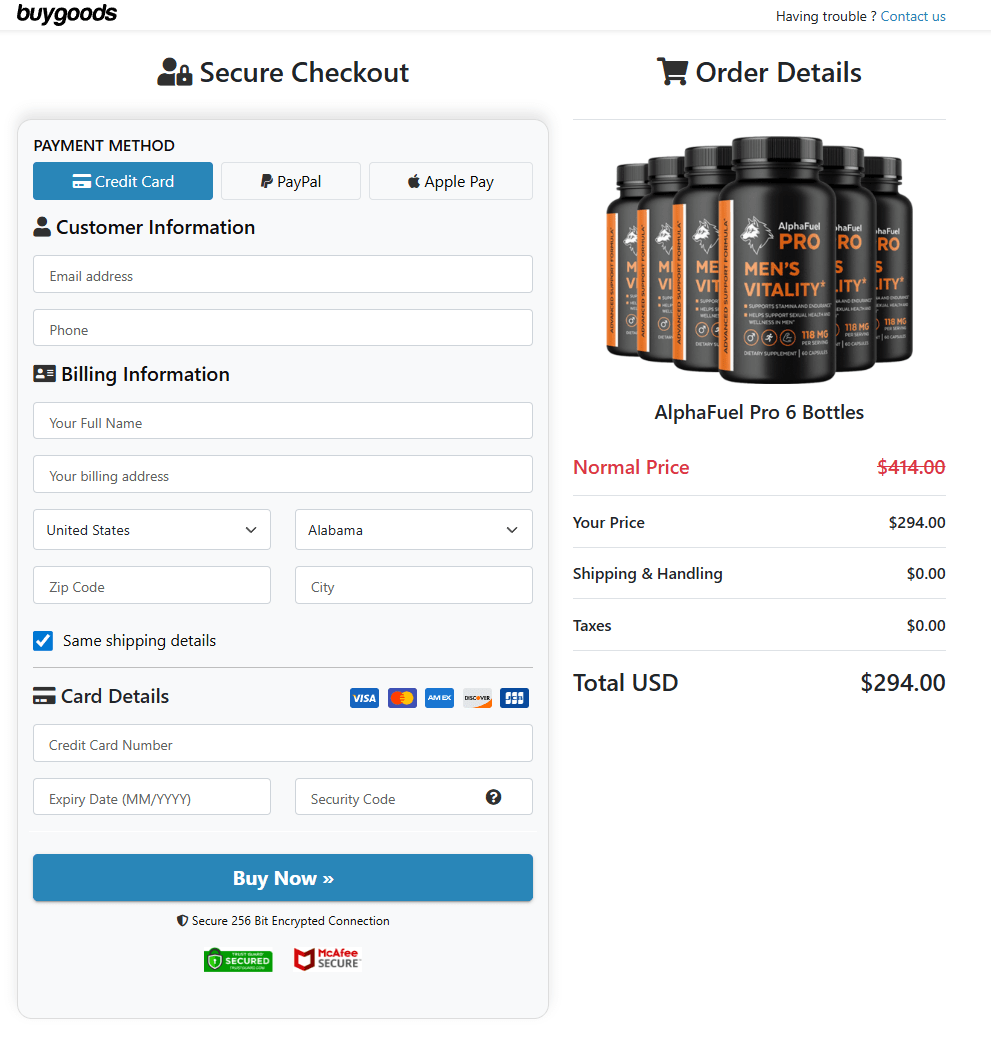 Alpha Fuel Pro order page